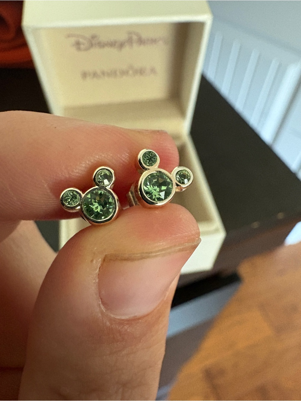 Pandora Silver Mickey Crystal Stud Earrings in Peridot